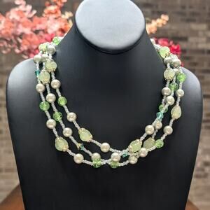 Vintage Extra Long Necklace That Can Layered - 59" - Green Tones
